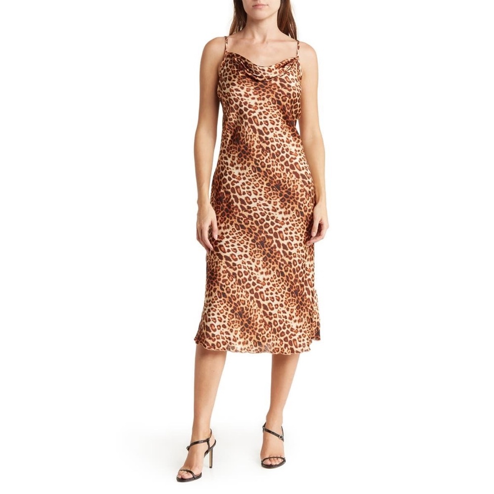 bebe Leopard Satin Midi Slip Dress